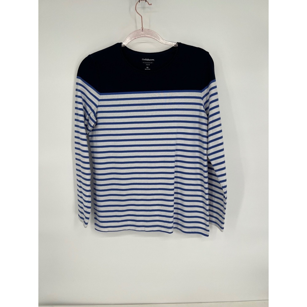 Croft‎ & Barrow Striped Classic Tee Long Sleeve Top Blue White XL